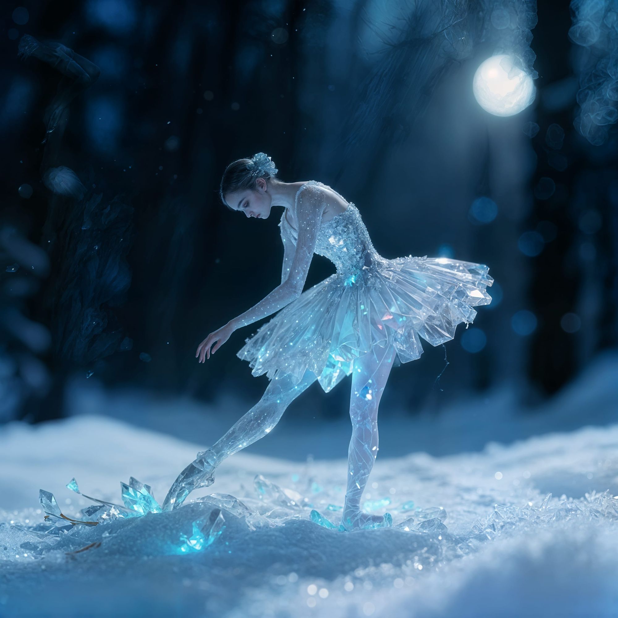 a fallen crystallized ballerina in bioluminescent melancholy
