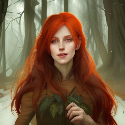 red head wood elf alone in forest wearing leaves clothes and have ...