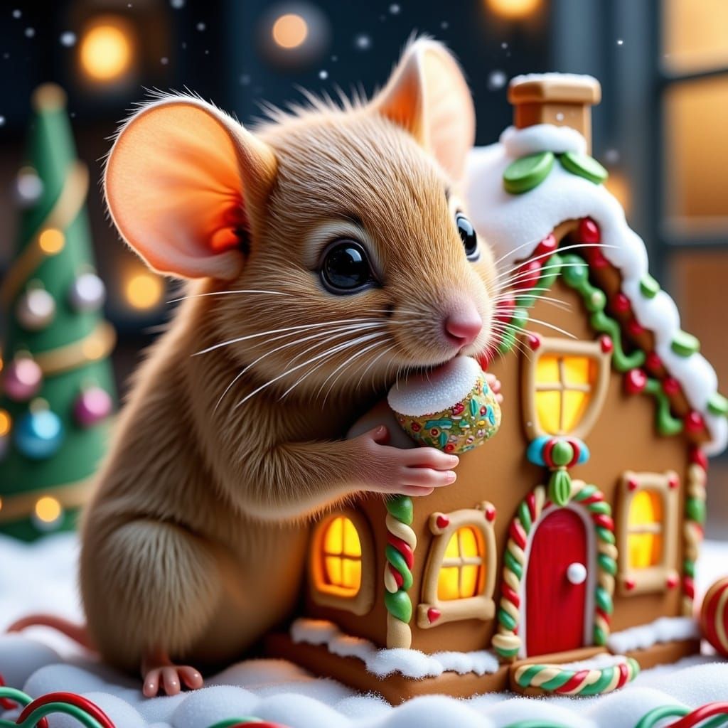 Cute mouse with pretty eyes eating Gingerbread house with a cute little mouse nibbling the roof head and shoulders portrait, 8k resolution c...