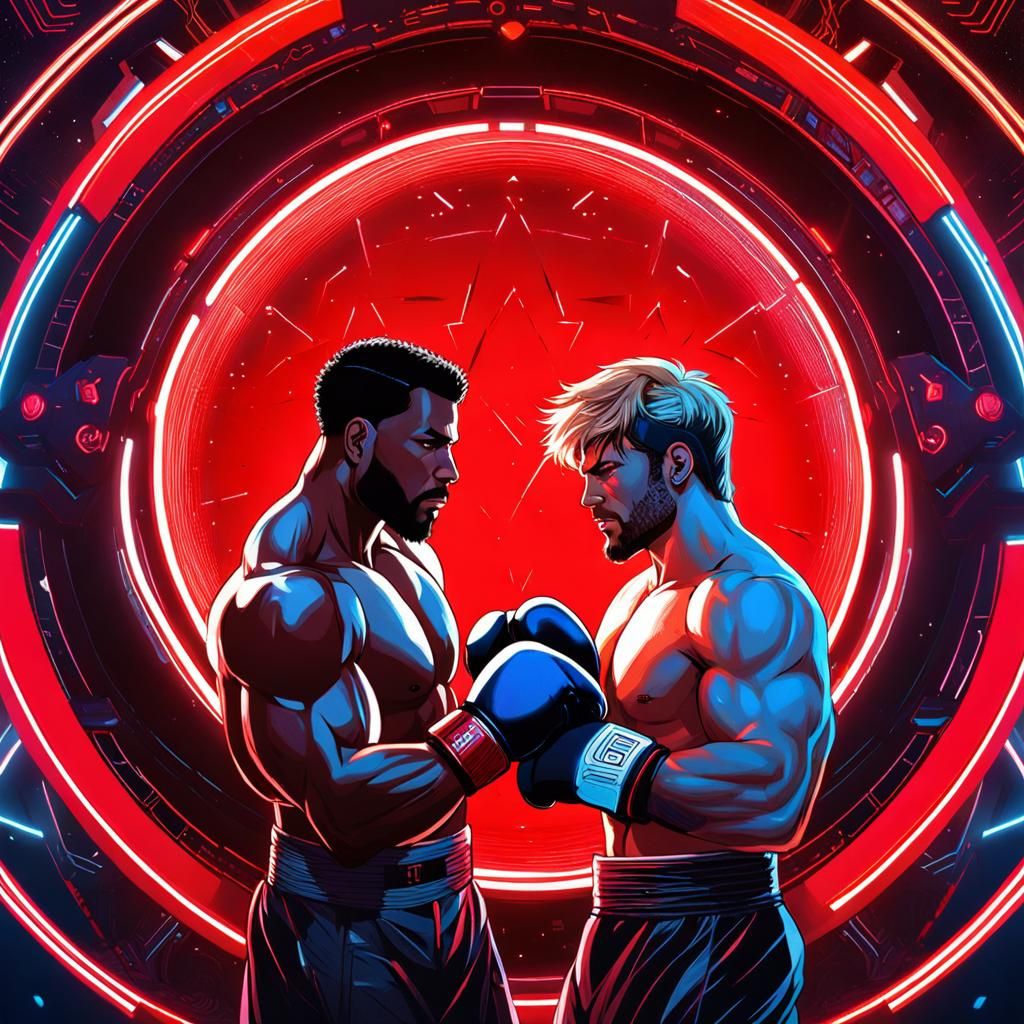 year 2100, futuristic fighting ring, two beautiful boxers wi...