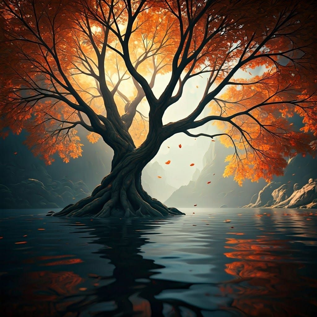 Autumn Leaves Cascade into Lake: Matte Painting