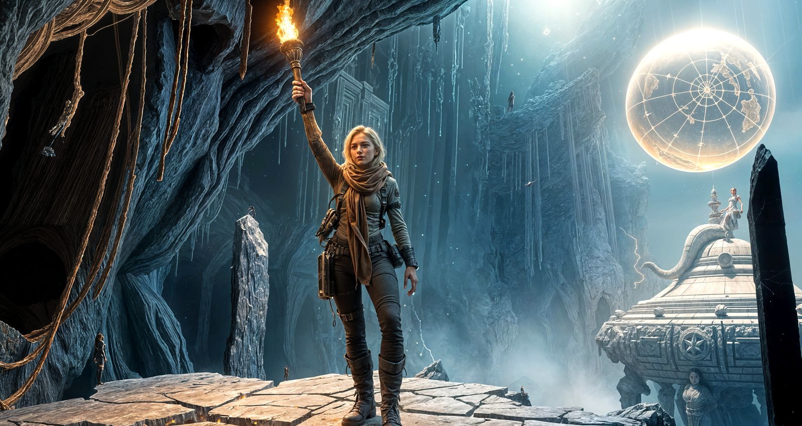 A fearless female explorer stands atop a cracked obsidian platform within the ruins of a forgotten celestial ...  by @TacoSmurfzAI