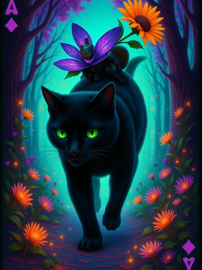 in a Ace of black spades playing card style Pure black velvet fur cat with emerald green eye walking out of a teal and light purple portal i...
