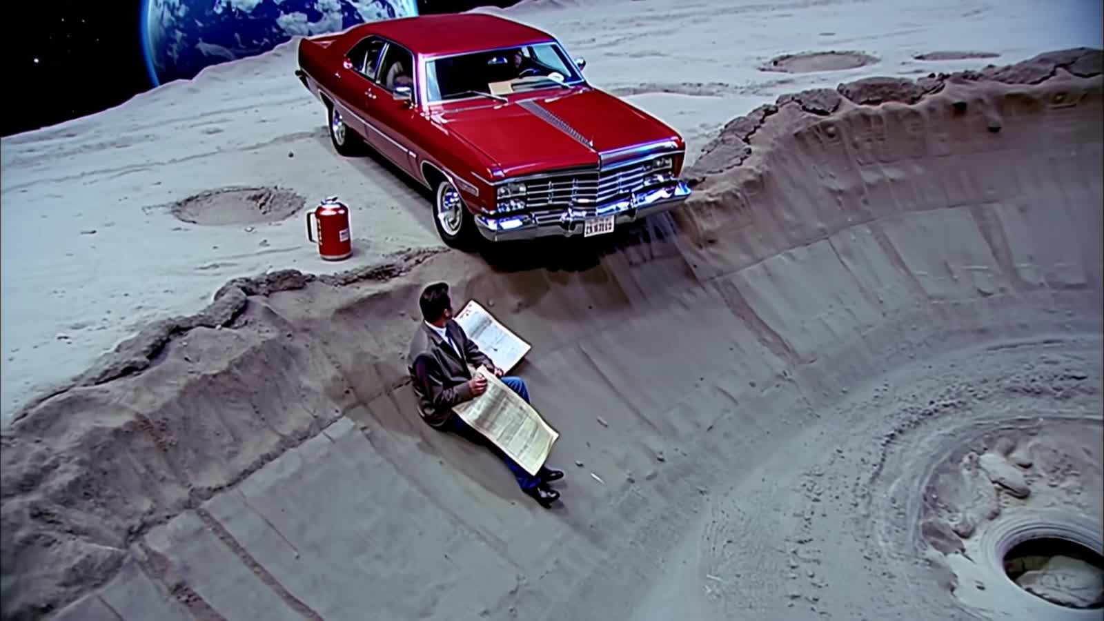 A 1958  red Cadillac parked  by a moon crate with the driver sitting on the edge of the crater with a red metal gas can ...