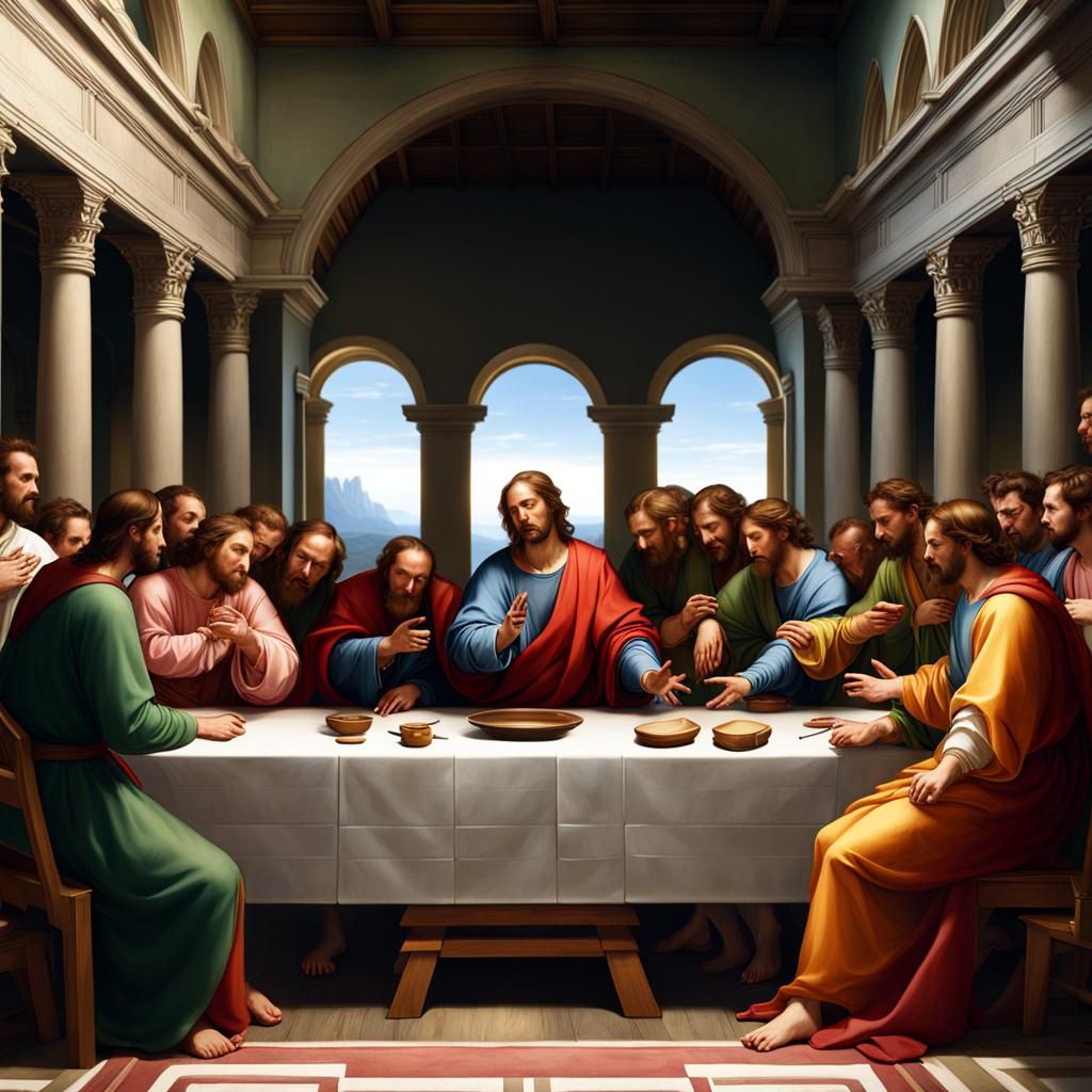 The apostles sitting at a long table with Jesus, arguing, painted by ...