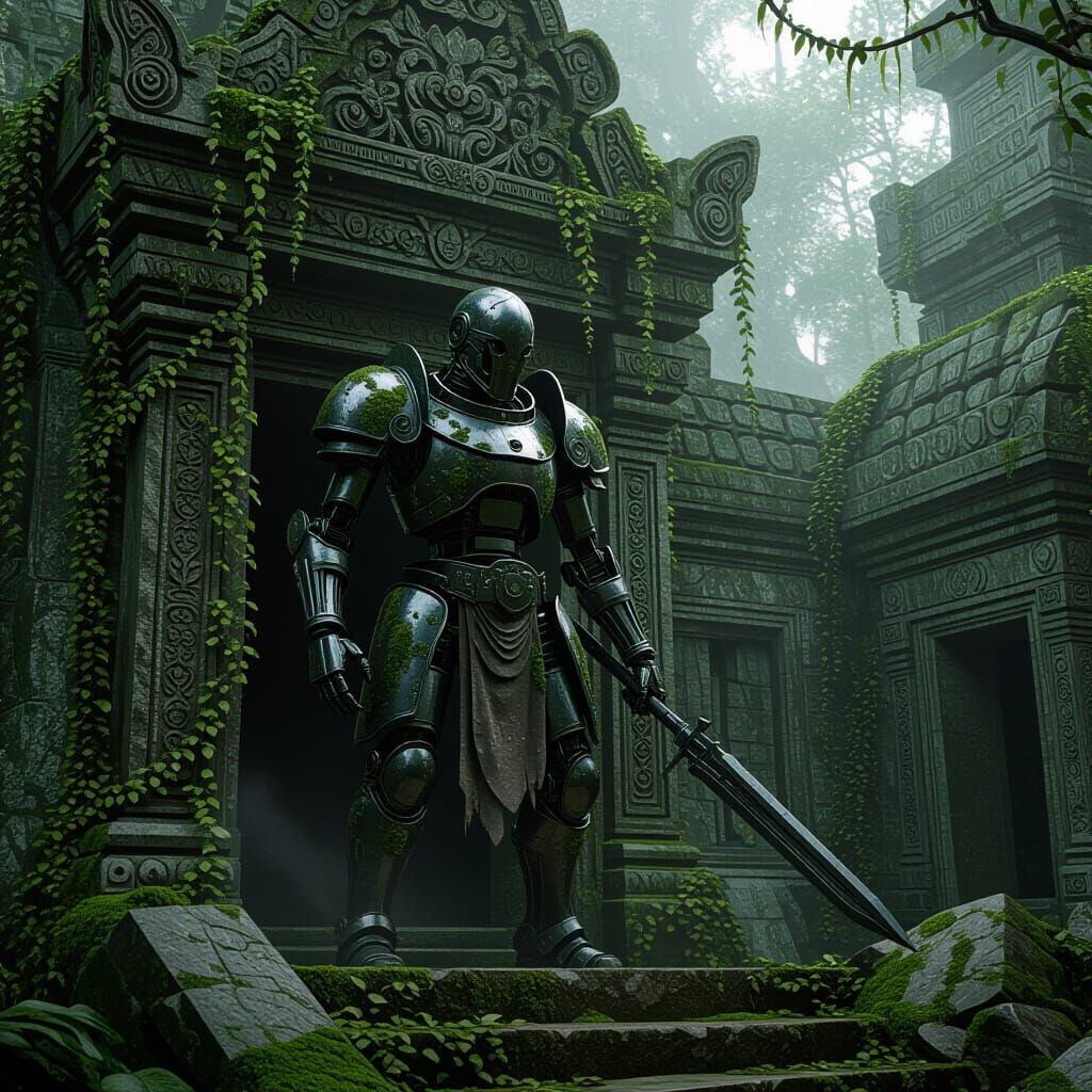 A lone, weathered automaton warrior stands guard at the entrance of a hidden, overgrown temple. Vines snake around its metallic limbs, and m...