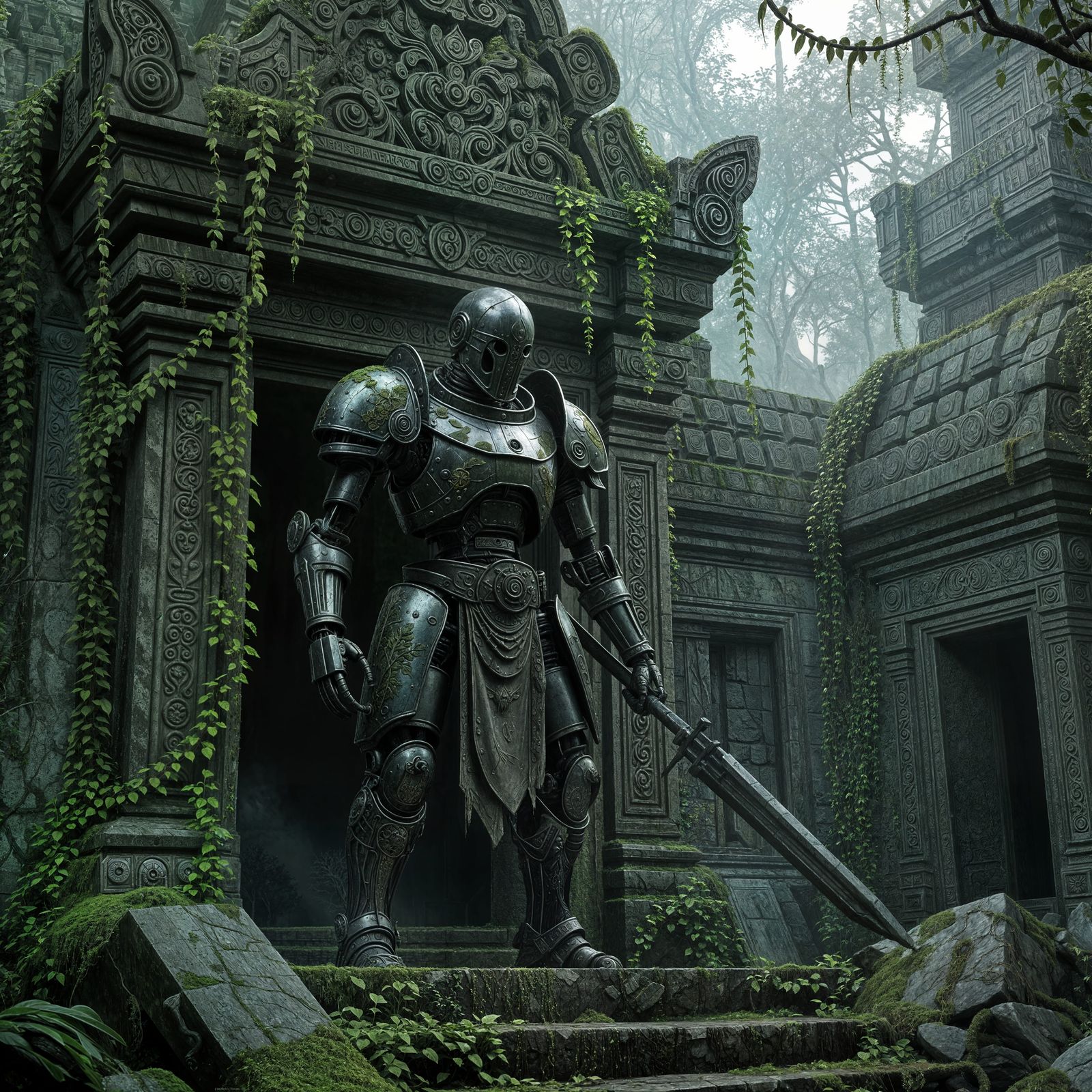 A lone, weathered automaton warrior stands guard at the entrance of a hidden, overgrown temple. Vines ...  by @Christopher hudson 