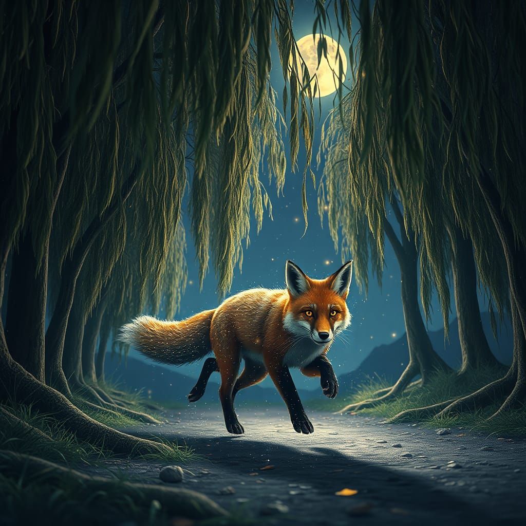 Stardust Fox Running Under Willow Trees