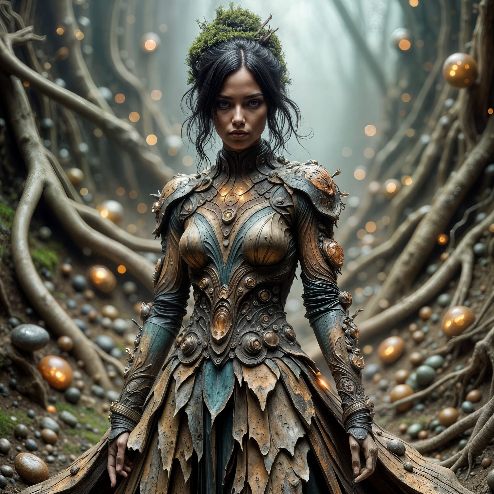 Animate the woman in the picture. As she stands, a massive landslide takes place behind her in the background, with rock...