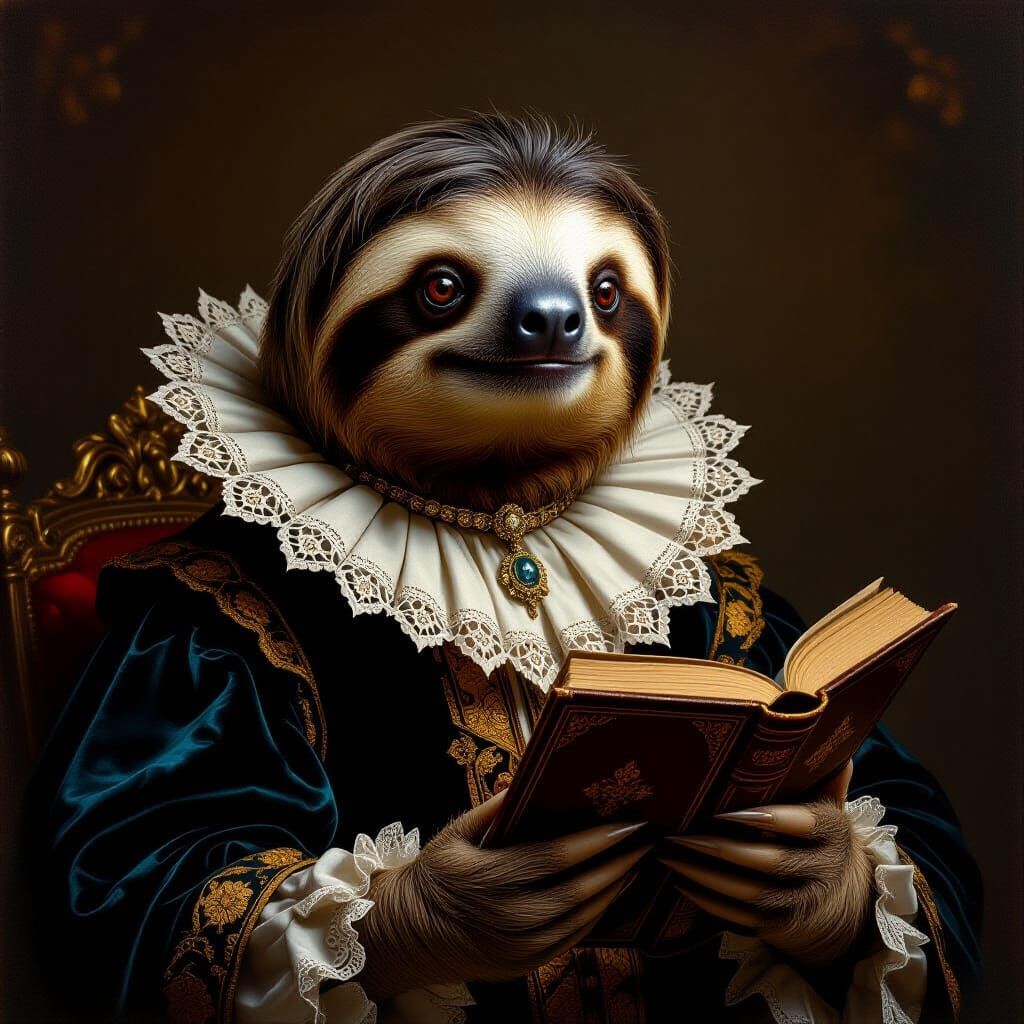 A highly detailed, oil-painted Renaissance-style portrait of a noble sloth wearing regal attire, lace collar, and holding a small book — dra...
