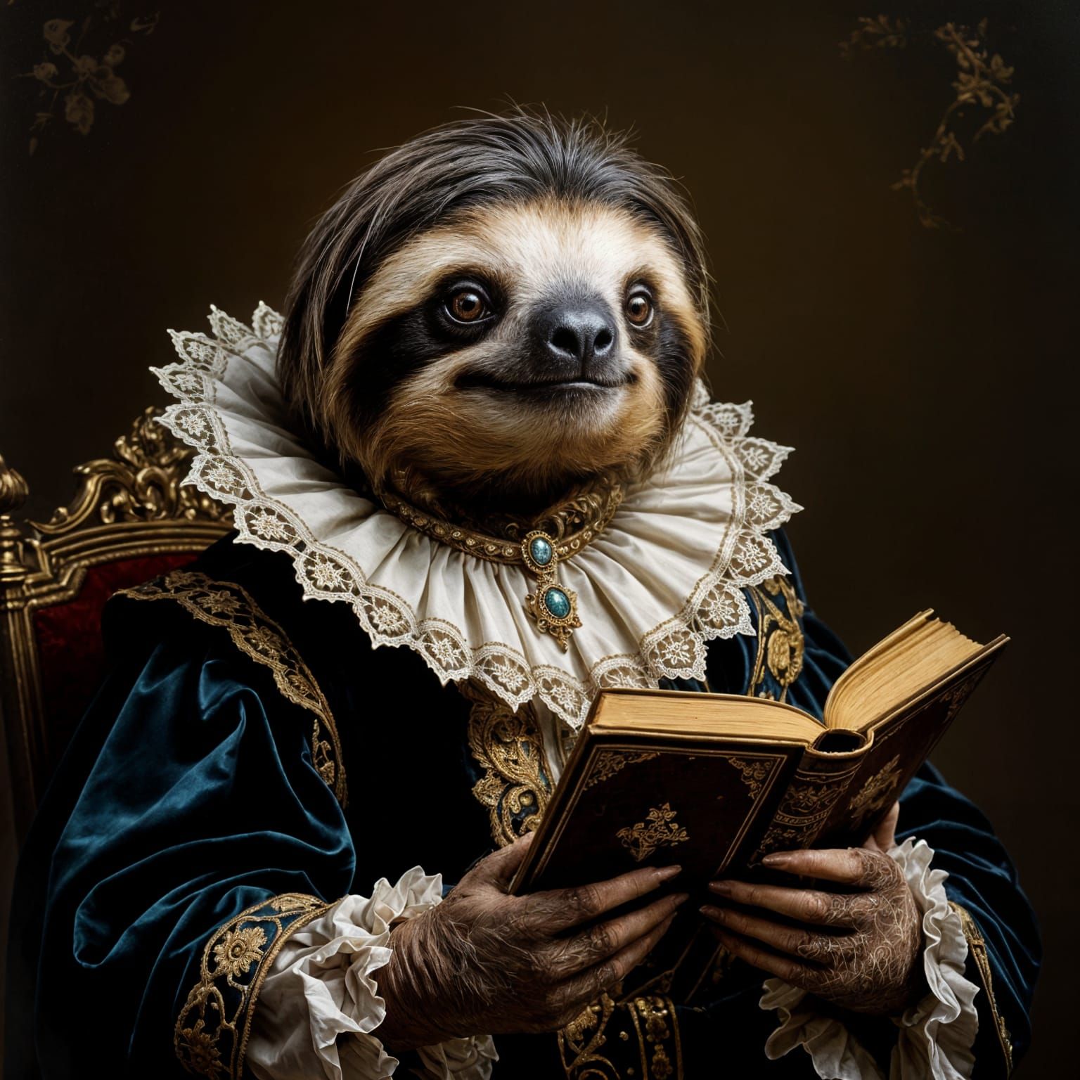 A highly detailed, oil-painted Renaissance-style portrait of a noble sloth wearing regal attire, lace ...  by @Likvi