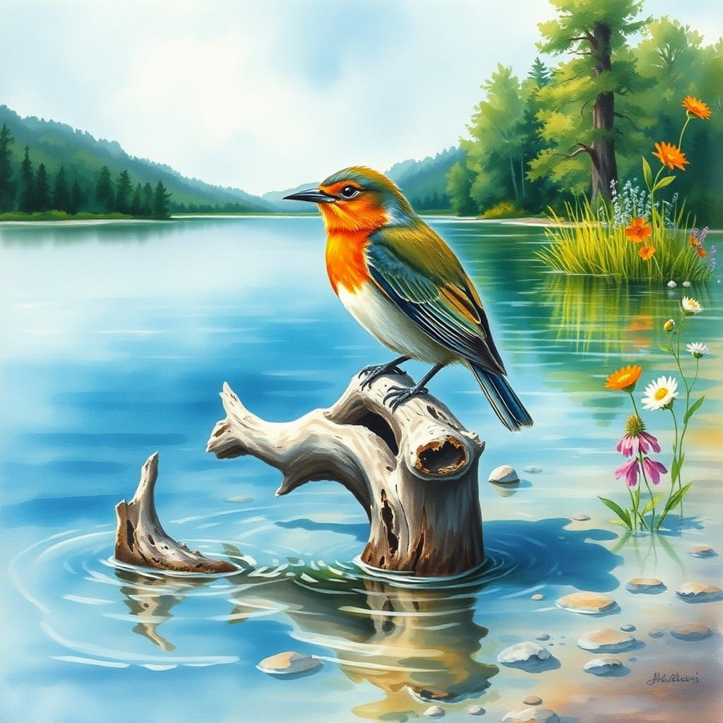 Whimsical Bird Perched on Driftwood in a Serene Lake Scene