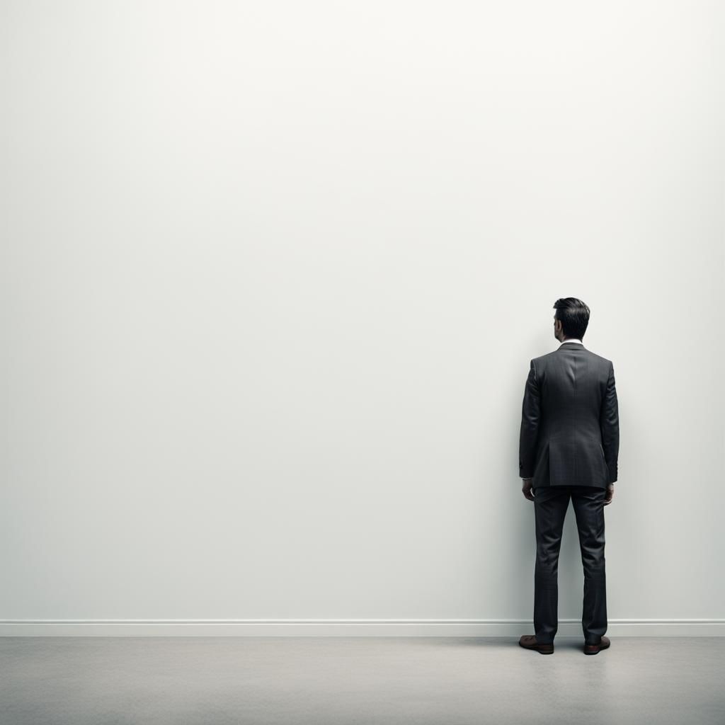 a man staring at a blank wall, photograph