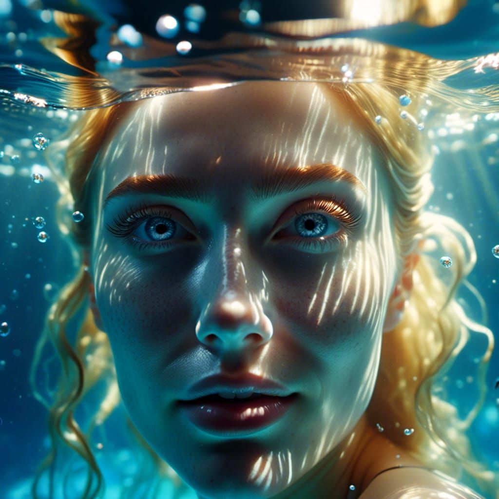 <lora:Surface Reflections:1.0> Hyperrealistic 8k professional underwater portrait, bright colours, sunlight, natural looking fresh faced wom...