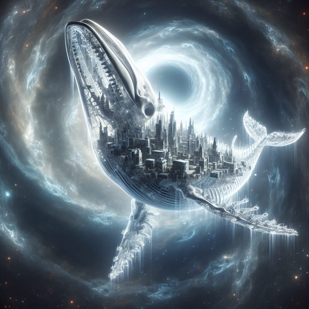 a magnificent transparent crystal skeleton whale with city inside her  emerging from spiral black hole in etheral cosmos implosion