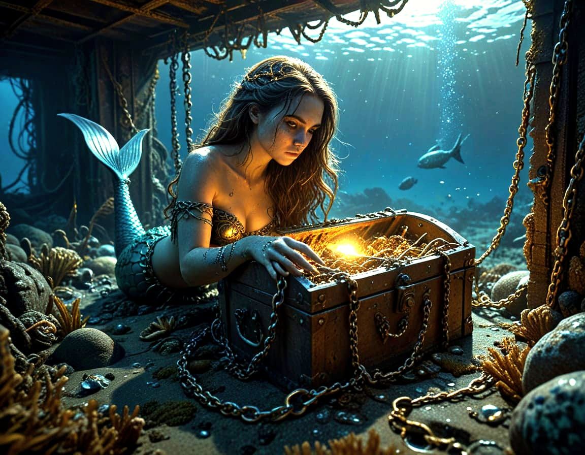 A barnacle-encrusted rotting open treasure chest in hold of wrecked pirate ship, its lid half-open with ...  by @Doc Baroque