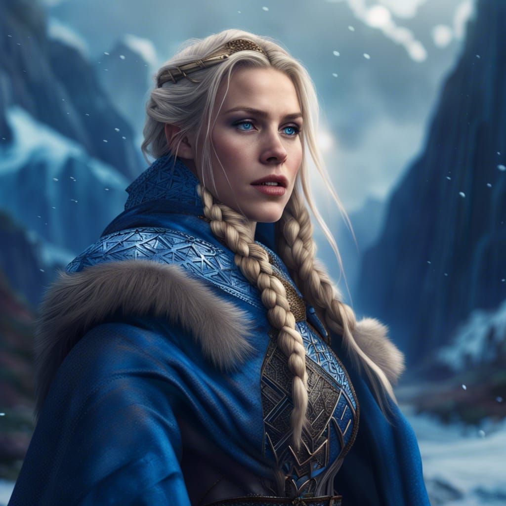 attractive nordic woman, blonde hair, braided, blue eyes, mo...