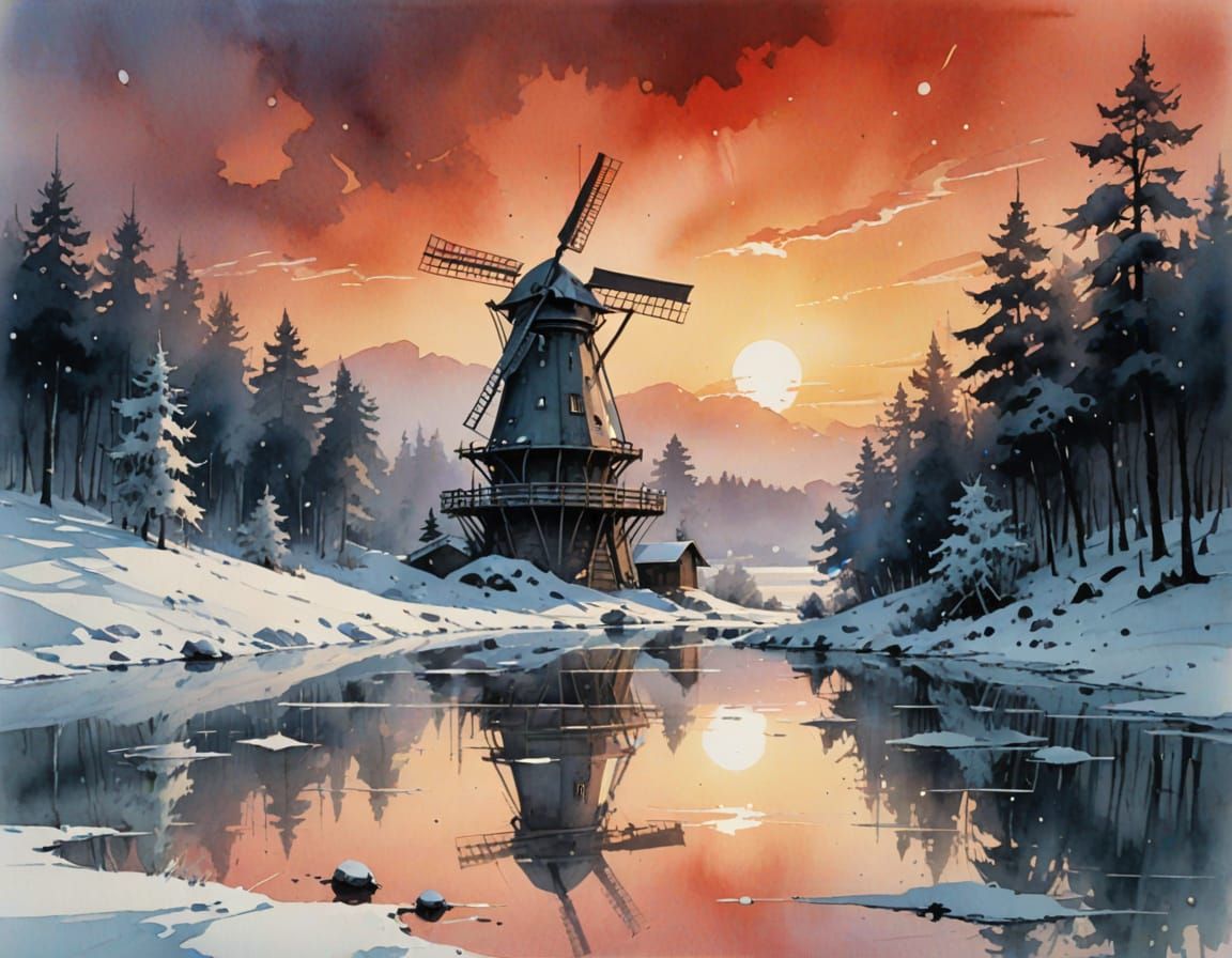 old windmill on hill by lake at dawn  by @Kosh
