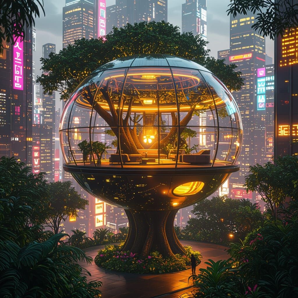 A futuristic, round tree house directly in the middle of a futuristic city. Everything is made of glass and has warm lighting 