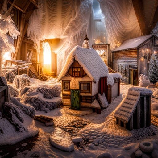 a christmas village covered with salt, many very gigantic crystals