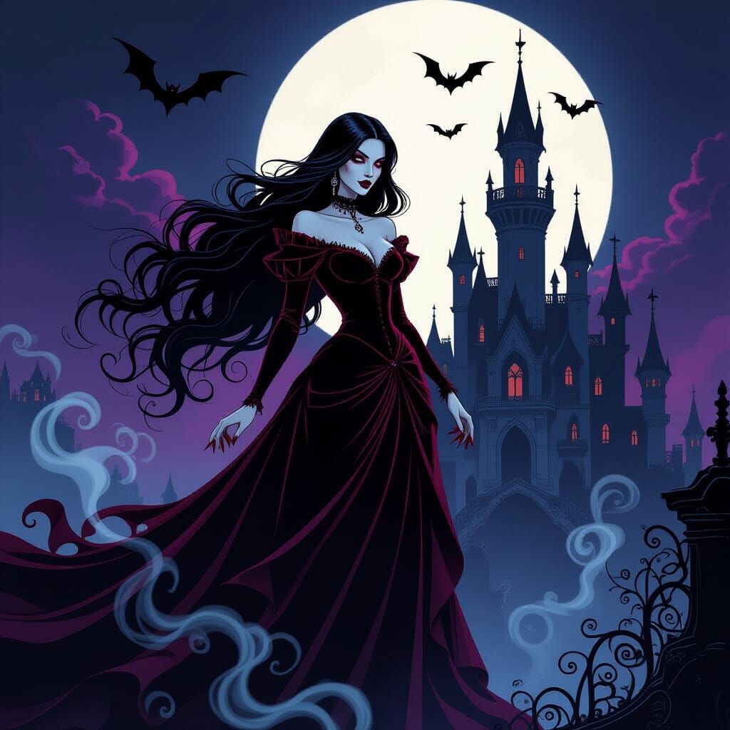 Gothic Vampire Queen Before Moonlit Castle