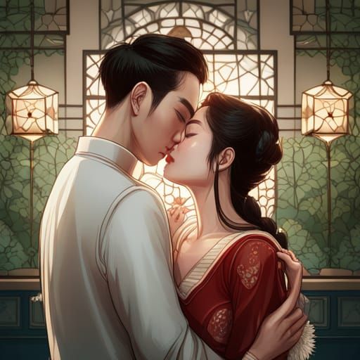 Rich asian couple is kissing in a luxury family room.