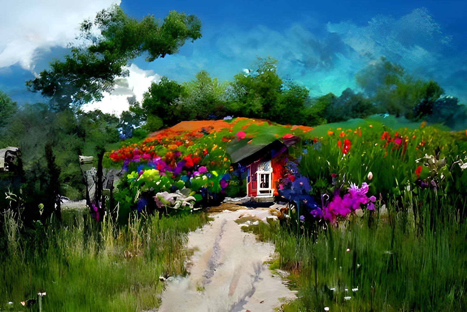 a cottage surrounded by wildflowers watercolor painting by f...