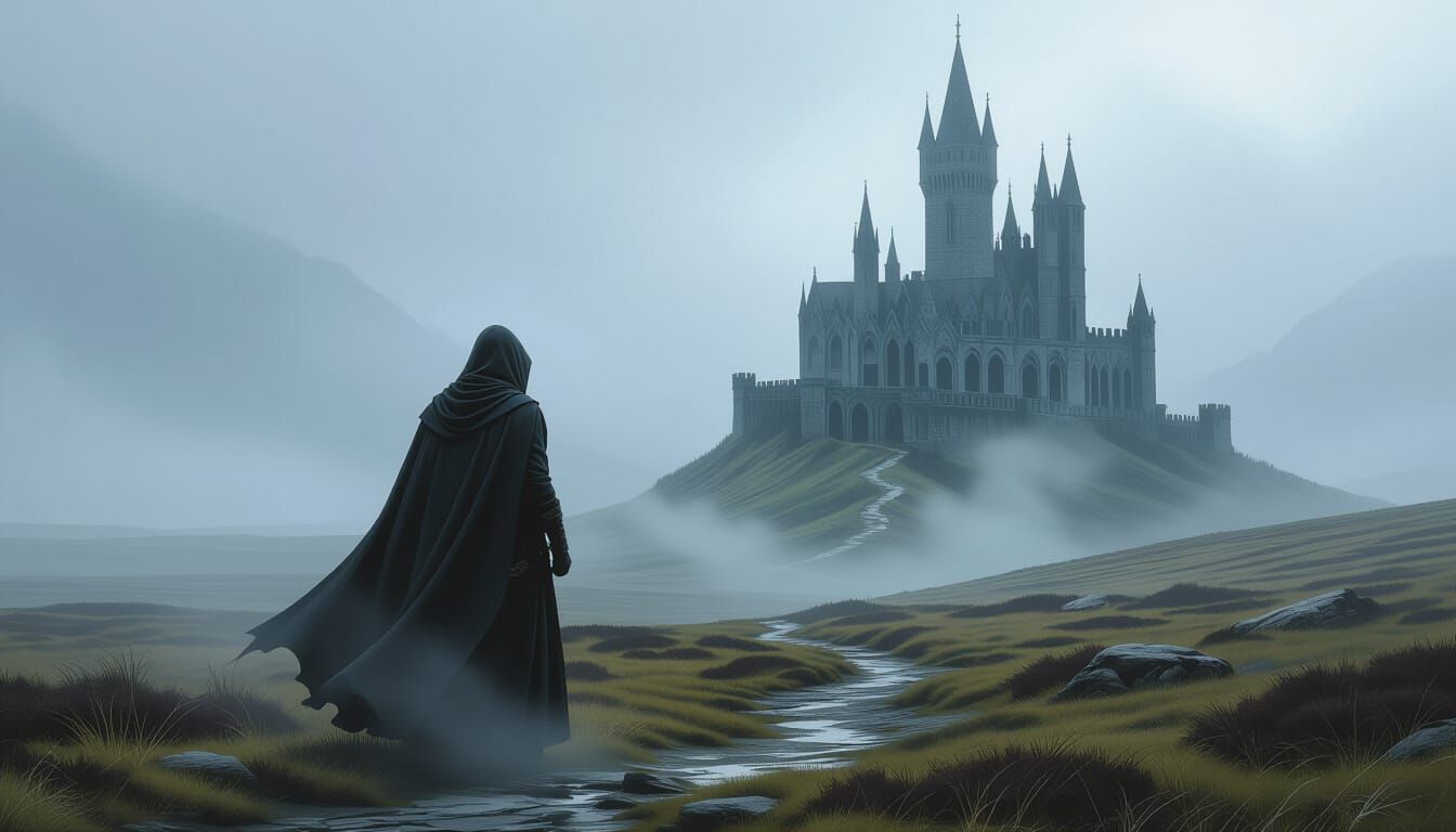A lone figure in a hooded cloak stands at the edge of a misty moor, gazing towards a crumbling gothic ...  by @dmaster1968