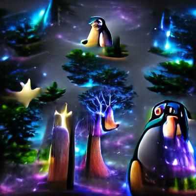 Mystical giant forest penguin trees starry lights