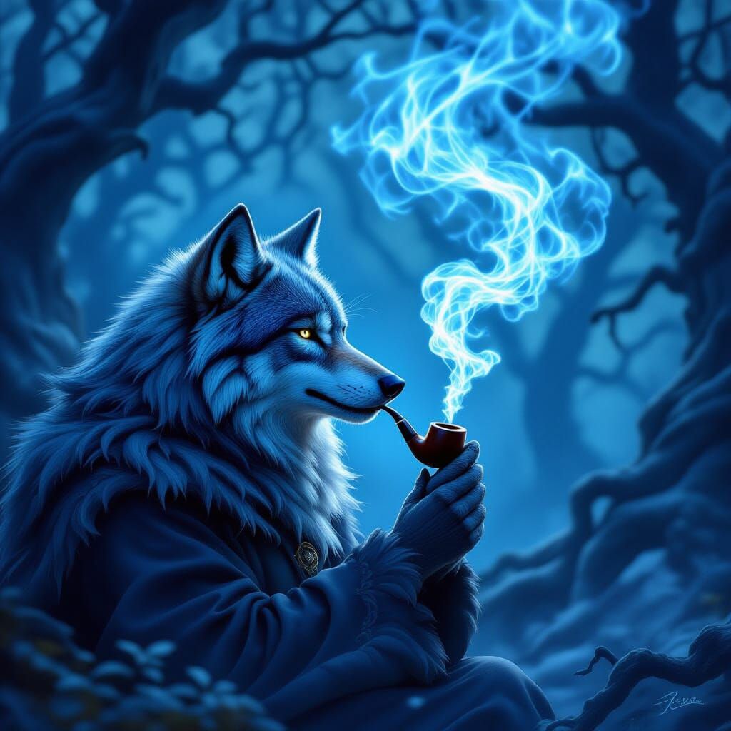 A wolf smoke a pipe. The smoke has magic in frost...
