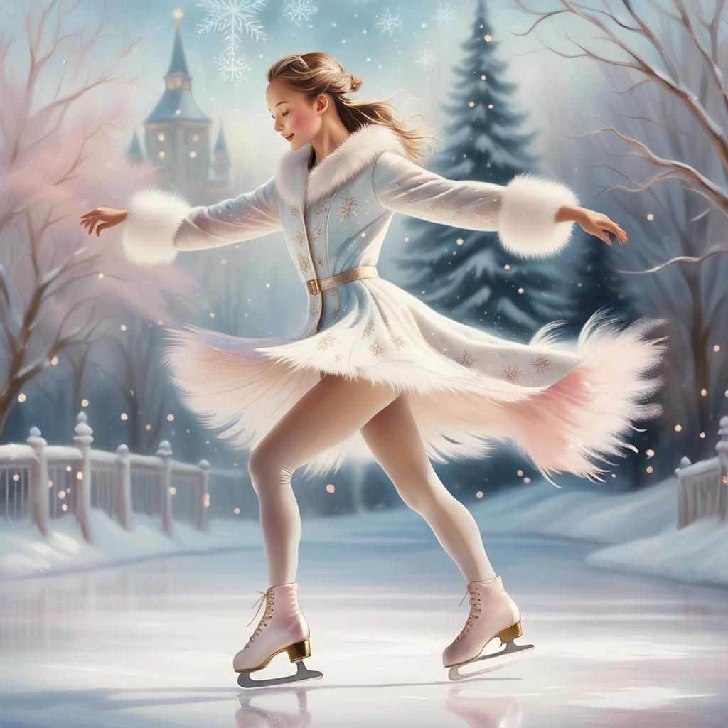 Figure skater dancing on a snowy Christmas winter day  by @EllaMoonDesign