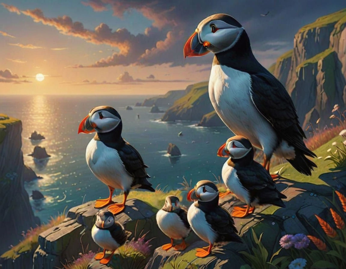 Group of puffins by the sea