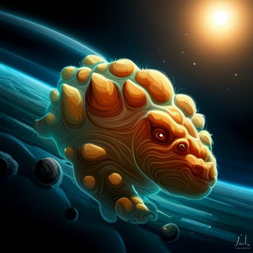 a tardigrade in space, meteors, air shot, tilt-shift, elegan...