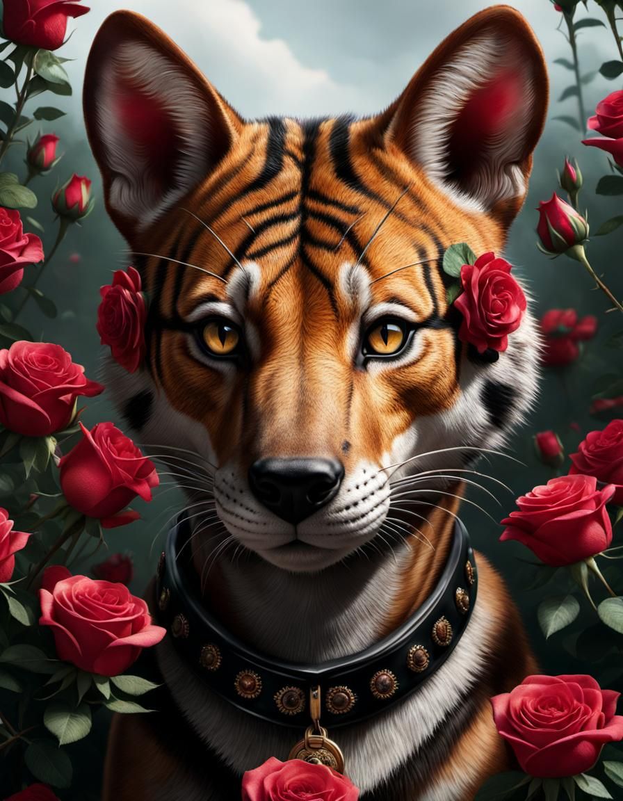 Hyperrealistic Thylacine Portrait with Rose Collar