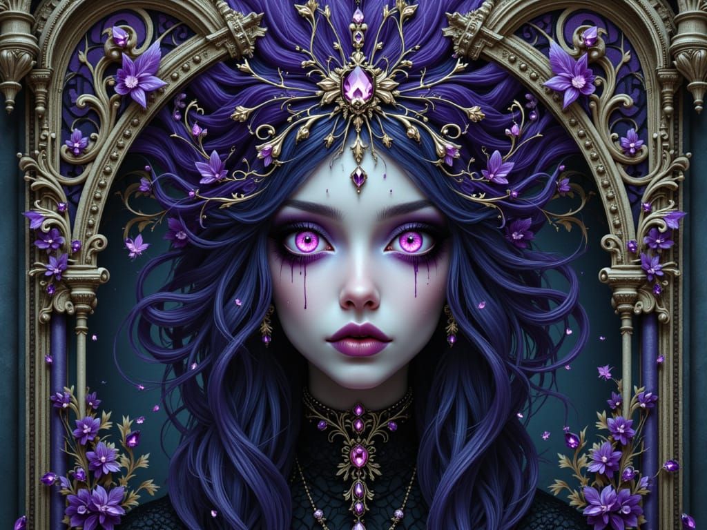 ornate Art Nouveau typography spelling "GOTHIC NOUVEAU" integrated into a surreal portrait scene, the letters carved from amethyst crystal a...