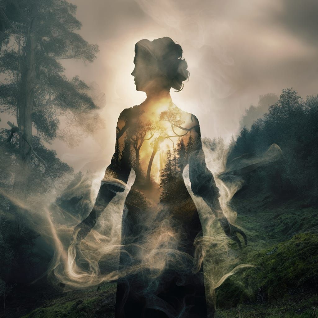 Double exposure Silhouette of a woman in a misty, mystical forest; Designed by [J.M.W. Turner]; Romanticism; Atmospheric; Landscape; Whimsic...