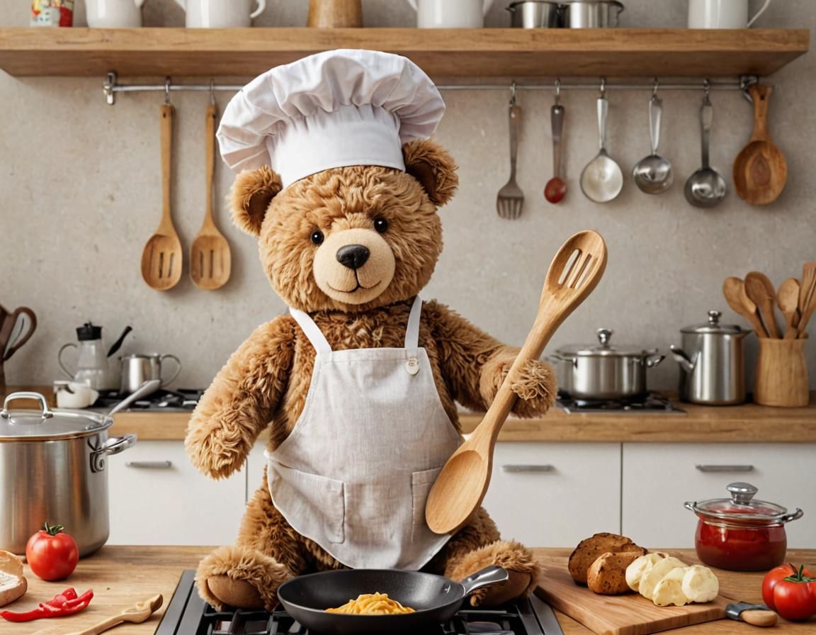 A 3D render of a teddy bear wearing a chef's hat and an apron. The teddy bear is holding a wooden spoon. ...  by @Quebra