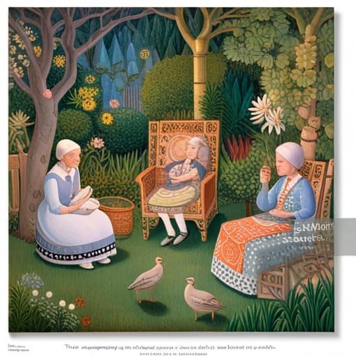 The grandmother tells the grandchildren exciting stories, in...
