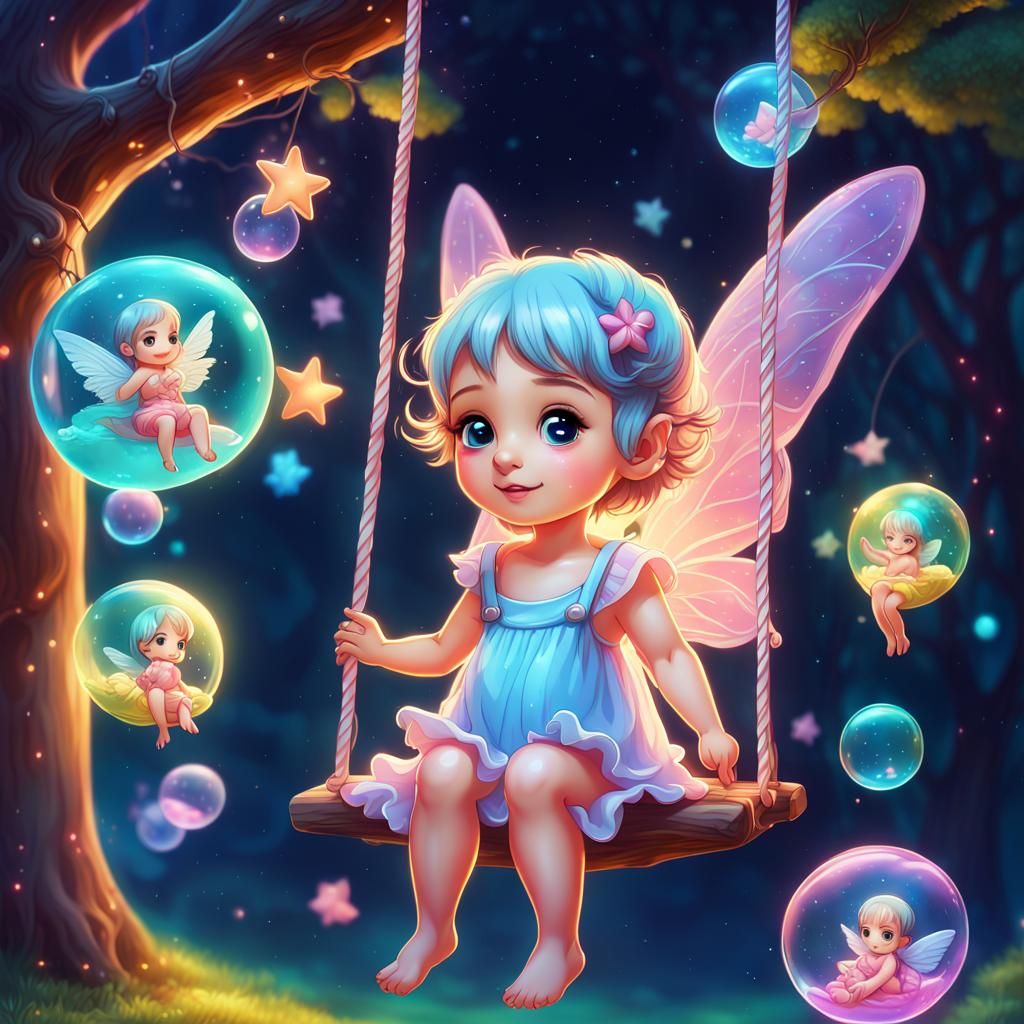 adorable cute Happy Chibi baby fairies swing on a beautiful tree swing ...