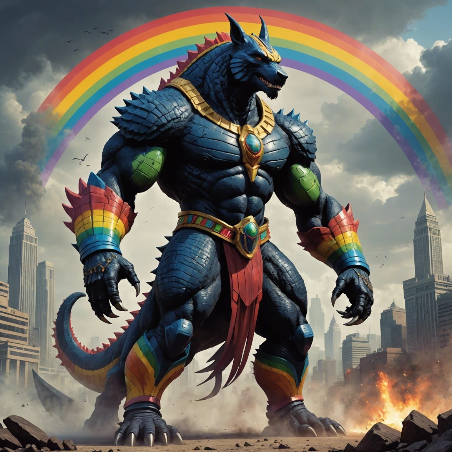A giant rainbow muscular thick Anubis Godzilla