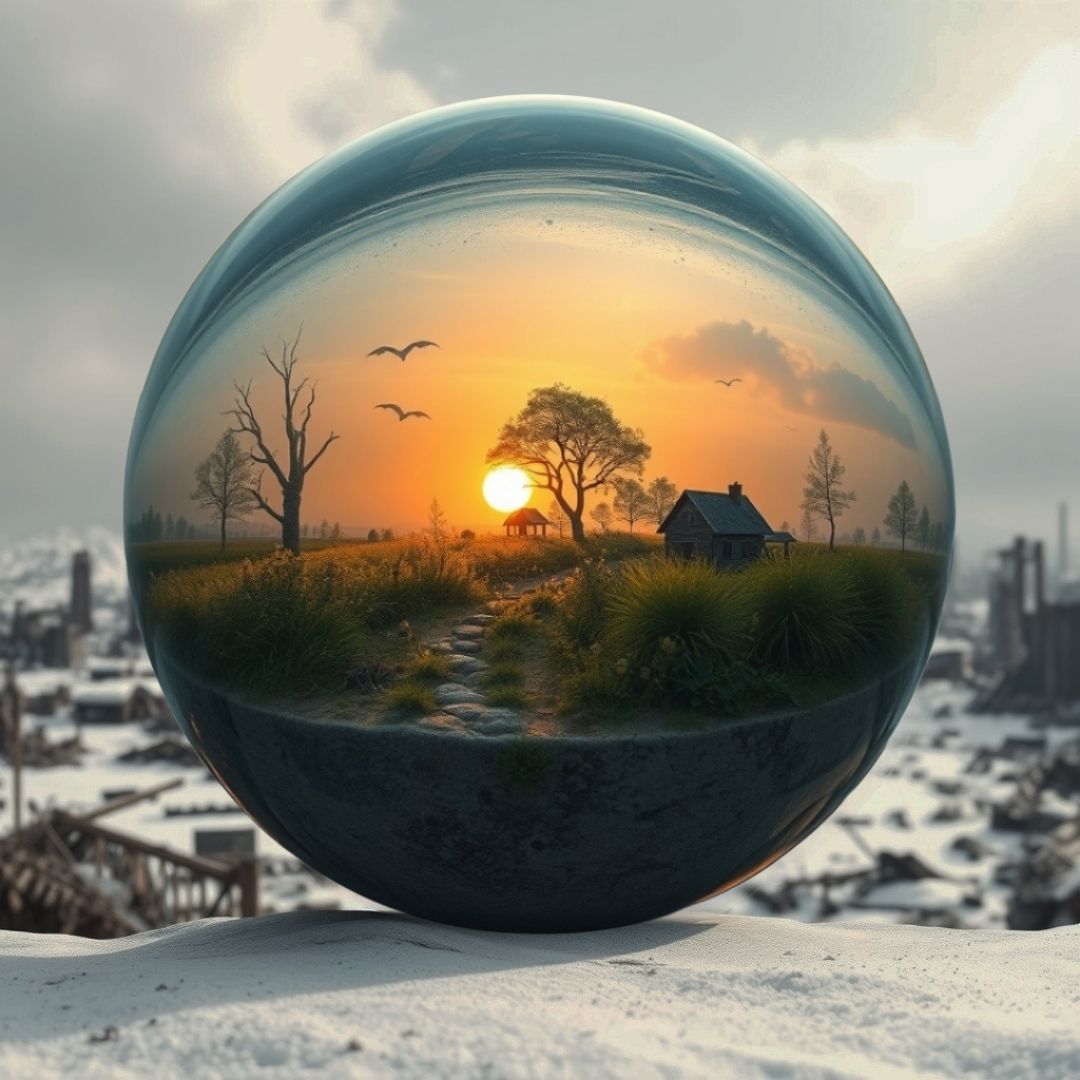 Glaskugel mit friedlicher Landschaft, im Hintergrund apokalyptische Szenerie