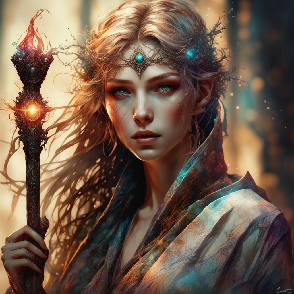 Spellcaster, magical staff, dark background - AI Generated Artwork ...