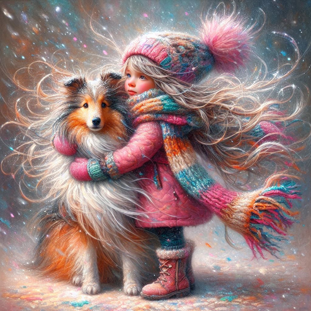 The young girl in pink and her sheltie in a snowy storm (ful...