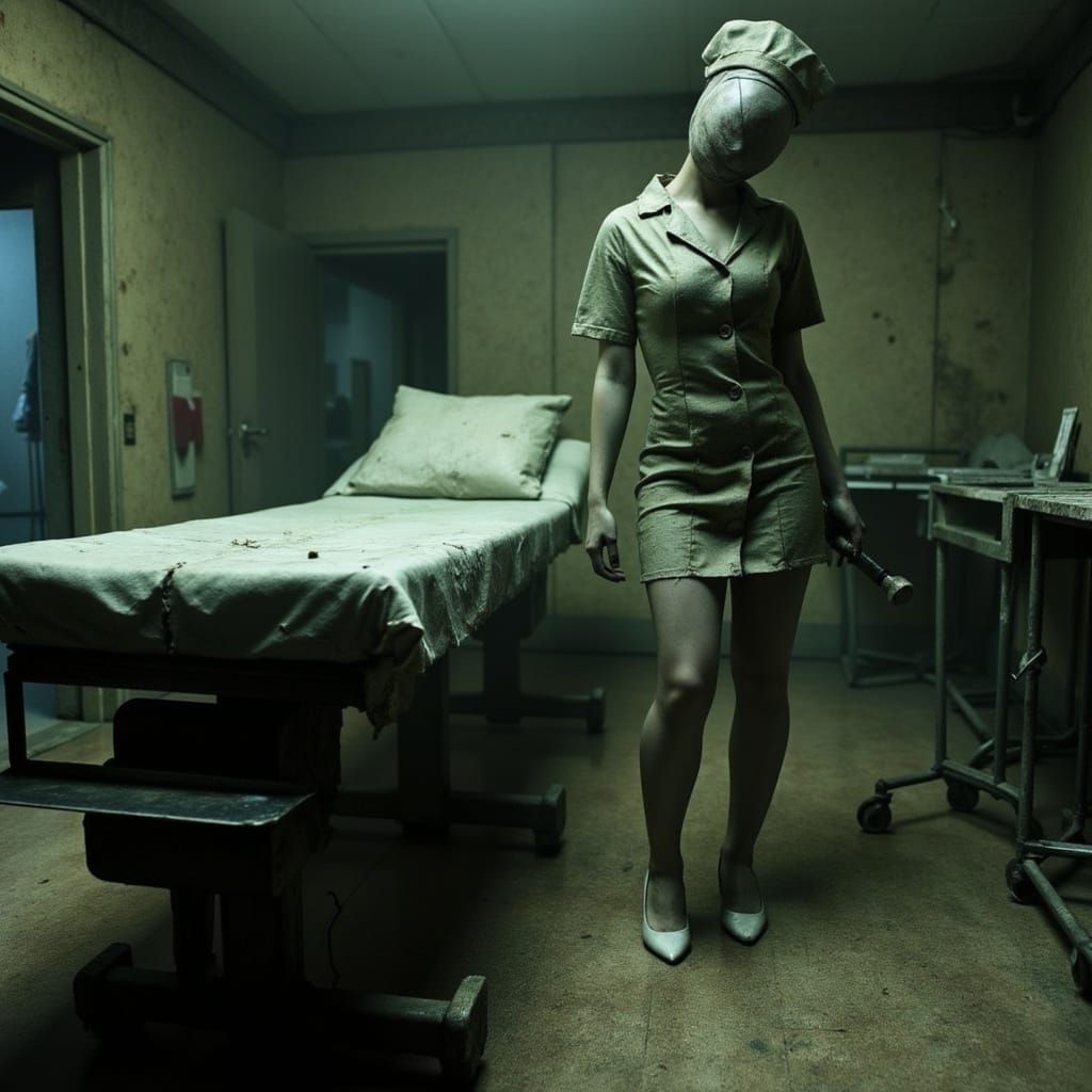 A silent hill nurse stands in a contorted stance next to an operating table in an abandoned operating room. The nurse is holding an old syri...