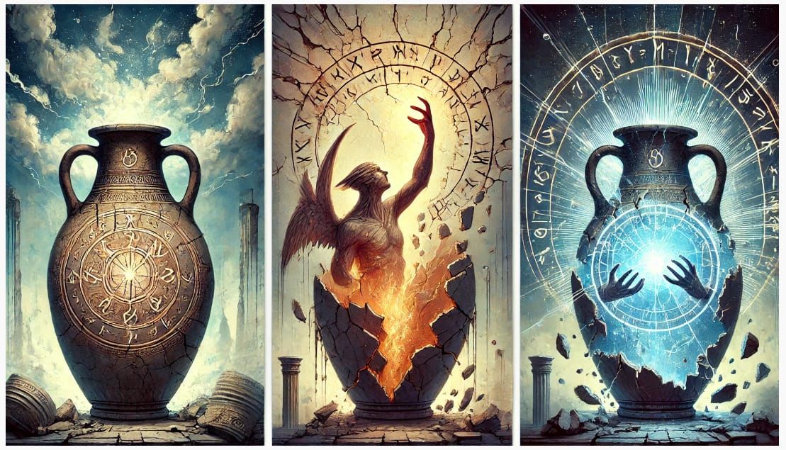 Triptych - ancient amphora and the mythical creature emergin...
