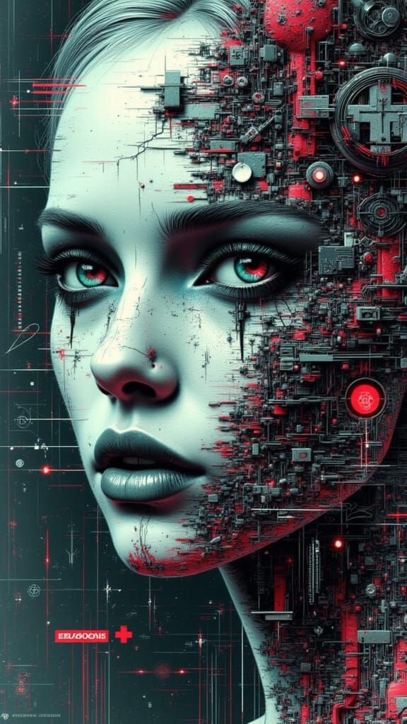 <lora:Glitched Flux:1.0> <lora:KbobTattoos:1.0> A portrait of a futuristic android, their face fractured ...  by @Frosty Berry