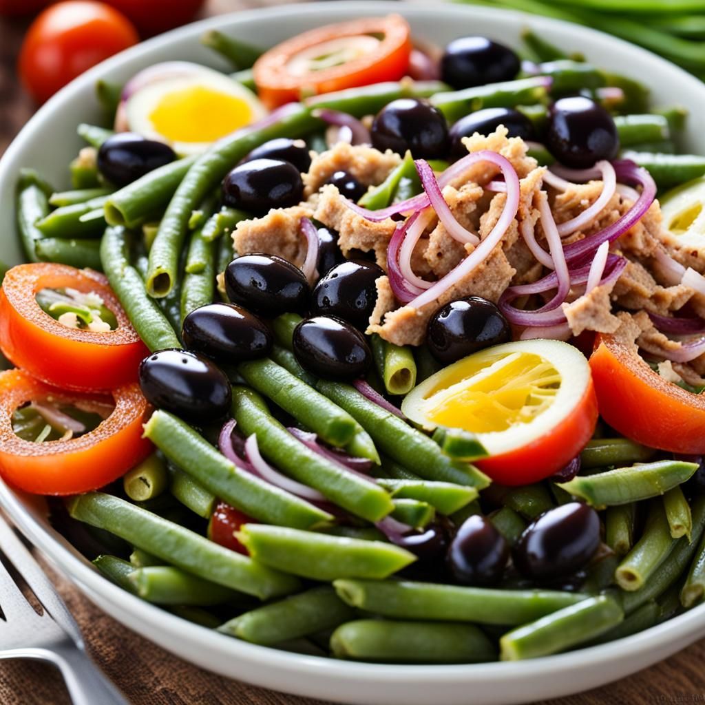 salade Niçoise green beans, canned tuna meat, can removed, tomato