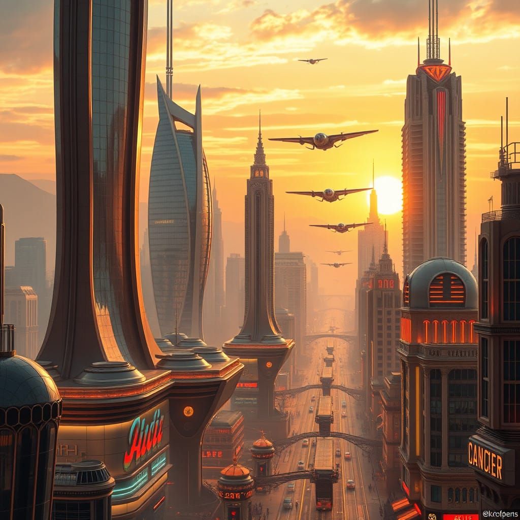 Towering cities with flying cars, chrome skyscrapers, and mid-century style, scfi, 8k  by @Anywho