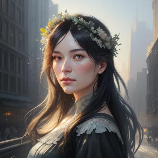 A woman with a floral crown blends with a dreamy cityscape f...