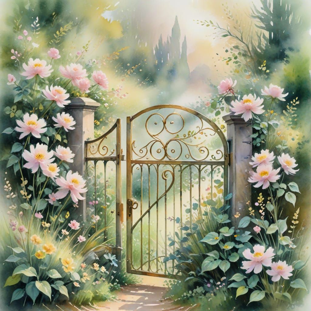 Whimsical Watercolour Garden Scene with Golden Accents